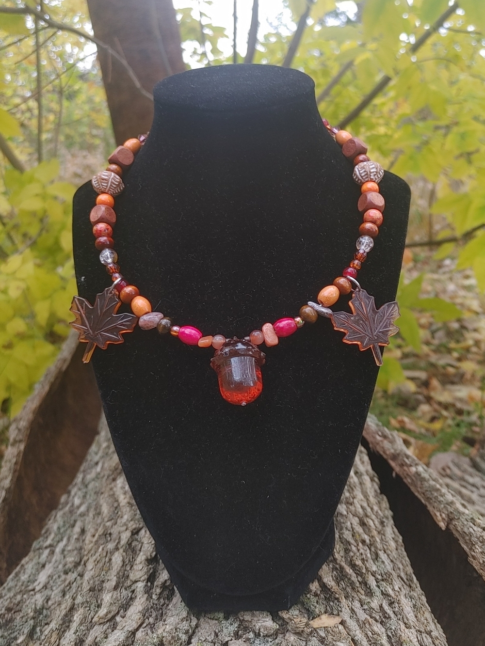 Handcrafted Autumn Maple Leaf + Acorn Bead Necklace - Red & Brown